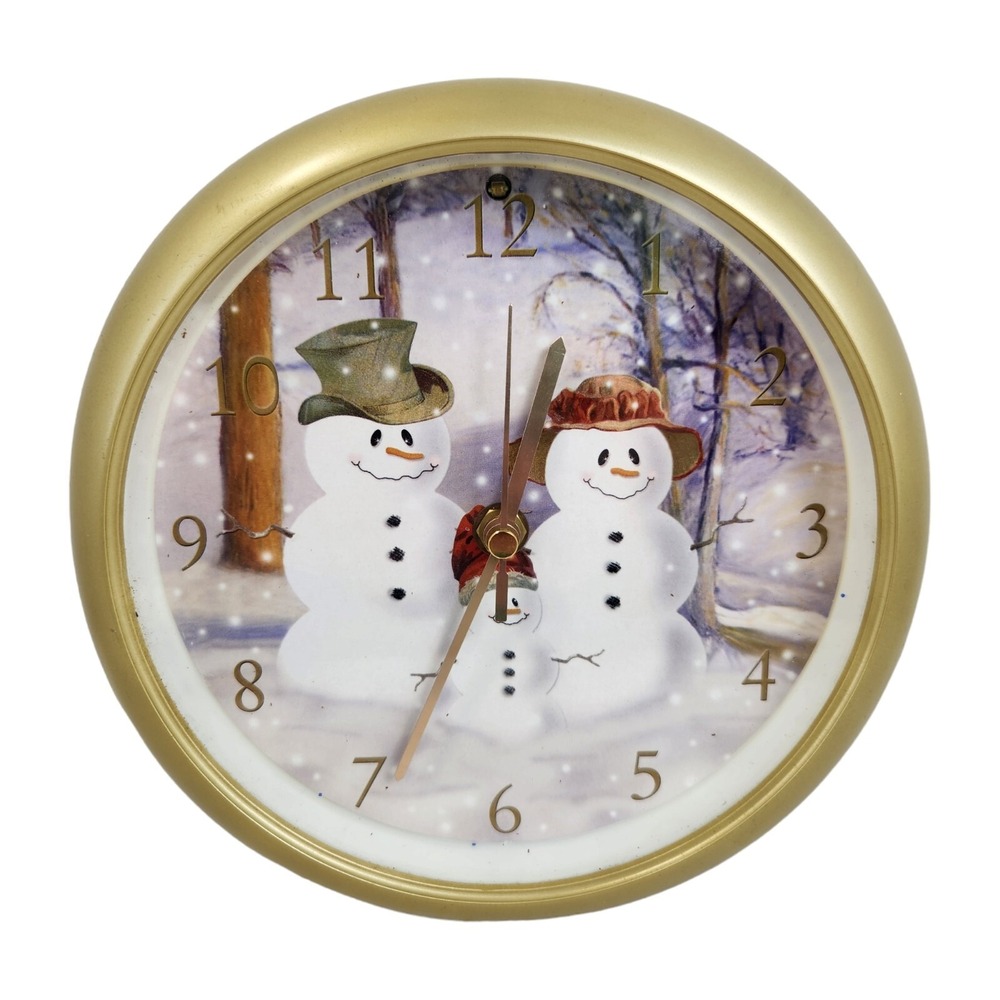 Feldstein Christmas Round Wall Clock 8" Snowman Family Plays 12 Carols SEE VIDEO